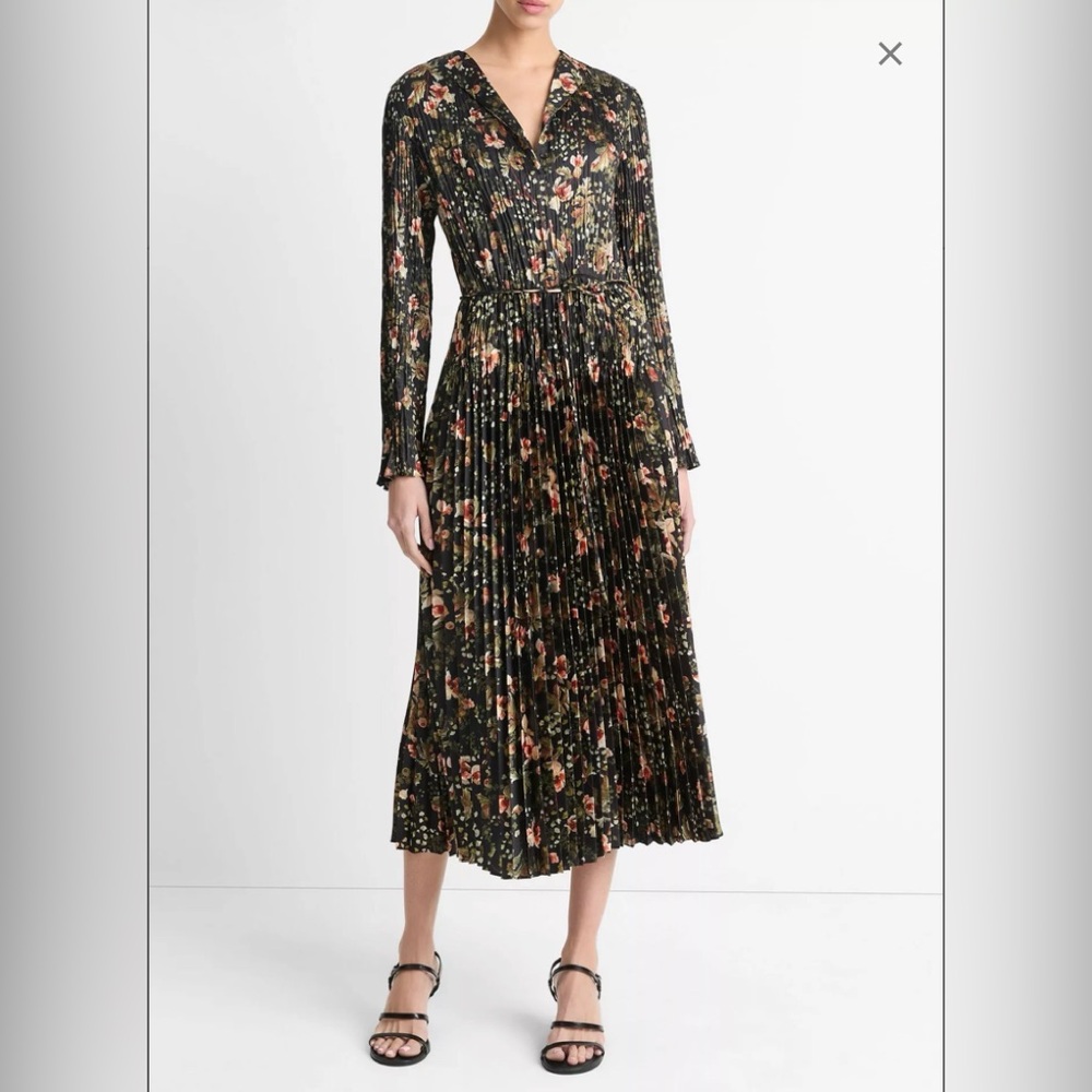 Vince Orchid Vine Long Sleeve
Micropleat Midi Dress Multicolor Floral